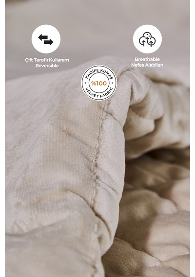 Evlen Home Collection Kadife Stacy Yatak Örtüsü Seti Çift Kişilik Elyaf Dolgulu Yumuşak 3 Parça Bej