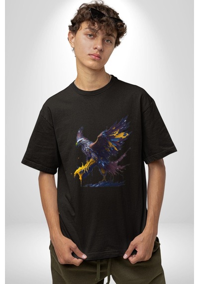 Kara Kartal Sulu Boya Pamuklu Bisiklet Yaka Unisex Oversize Boyfriend Dijital Baskılı Siyah T-shirt Siyah
