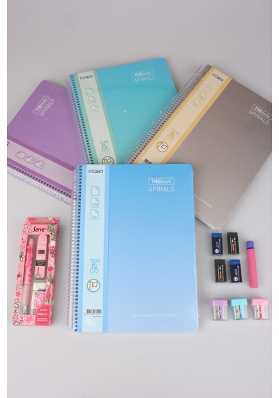 Orjinal Gıpta Spiralli 4 Adet 100 Yaprak A4 Defter,serve Deep Uçlu Kalem Seti,silgi,kalemtraş,uç Seti 124-Pembe