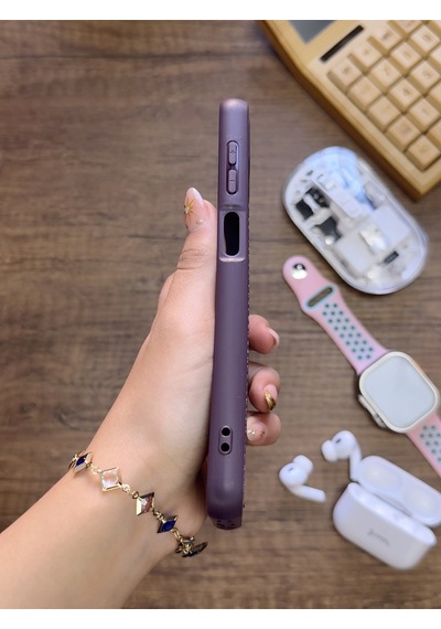 Samsung Galaxy A12 Uyumlu Premium Deri Dokulu Darbelere Karşı Dayanıklı Nazal Silikon Kılıf Mor
