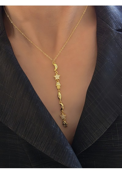 Manifest Y Dikey Sembollü Hamsa Ay Yıldız Figürlü Kolye Gold