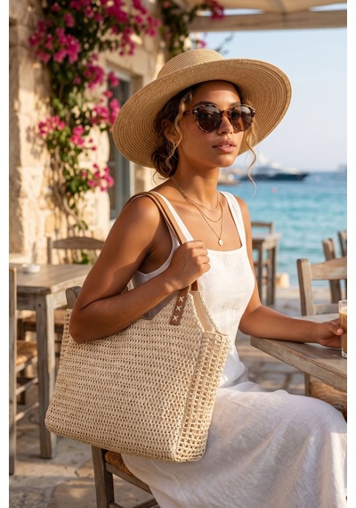 Vivazzaluxe The Artisan Model Büyük Boy Deri Askılı Yazlık Hasır Kadın El & Omuz Çantası Krem
