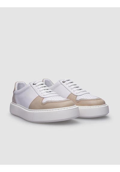 %100 Hakiki Deri Beyaz - Bej Bağcıklı Erkek Sneaker Beyaz