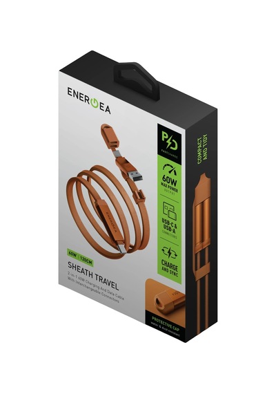 Energea Sheath Travel 1.2m 60w 2in1 Type-c To Type-c Ve Usb-a Hızlı Şarj Kablo - Turuncu