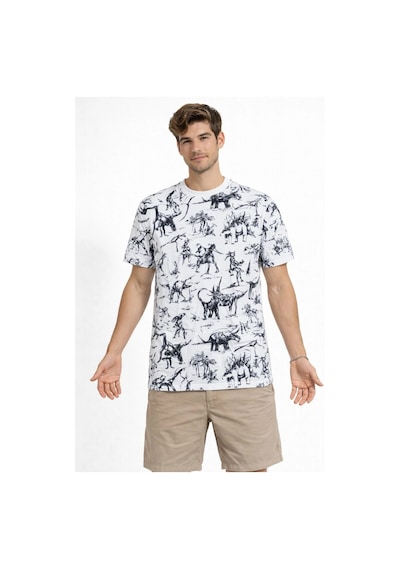 Barlashive Erkek Dinozor Dijıtal Ön Ve Arka Baskılı Tişört Bisiklet Yaka T-shirt - Beyaz Çok Renkli