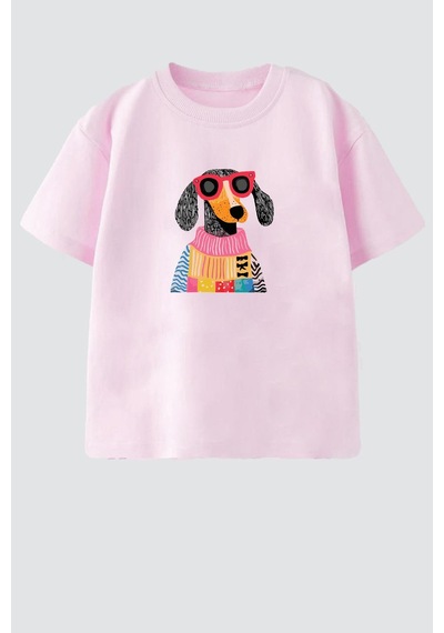Monila Kız Çocuk Köpek Baskılı Pamuklu Bisiklet Yaka T-shirt Pembe