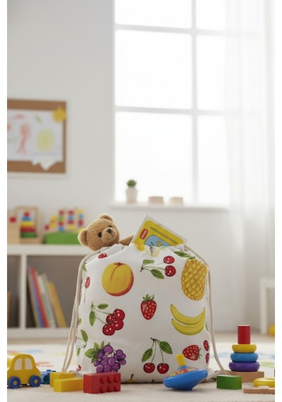 Mislina Home Organik Pamuk Meyve Desenli Çok Amaçlı Bez Çanta Ekmek - Market - Oyuncak -poşetlik Torbası 35x40 Çok Renkli