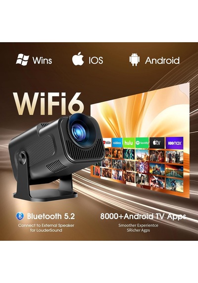 Mini Projeksiyon, 4k Fhd 1920x1080p, 180 Döndürülebilir, Taşınabilir, Wifi 6 Ve Bt 5.2, Android Ve İos, Fare Ve Uzak Kumanda, Siyah
