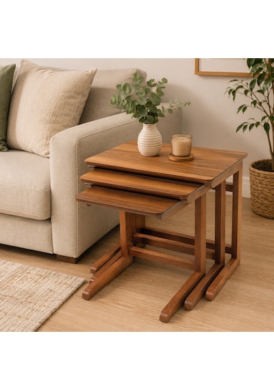 Ganni Home C 3 Lü Zigon Sehpa Seti Ceviz Ceviz Gürgen İskeletli, İç İçe Geçebilen Modern C Tasarım