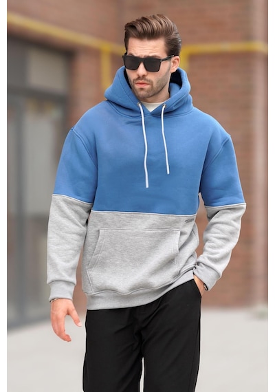 Madmext İndigo Kapüşonlu Renk Bloklu Baskı Detaylı Erkek Sweatshirt 7046 Mavi