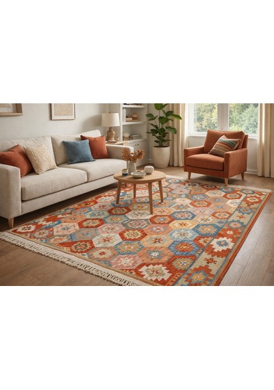 Algelsineve Elmas Desen Kilim El Dokuması Tadında Otantik Görünüm Çok Renkli