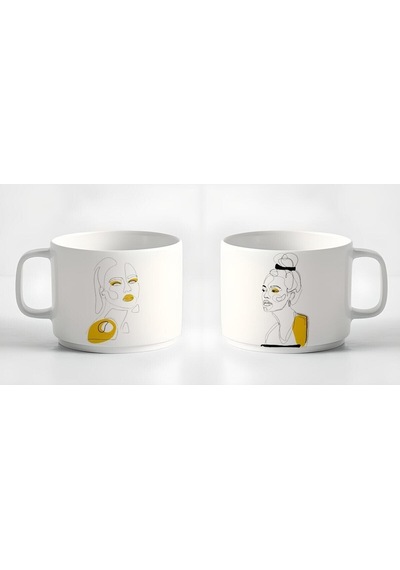Çay Kahve Espresso Fincanı Minimal8 Çizgisel Kadın Baskılı Kupa 2 Adet 180 Ml Beyaz