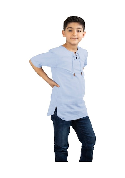 Eliş Şile Bezi Kısa Kol Şile Bezi Zımbalı Erkek Çocuk Tshirt Buz Mavi 3027