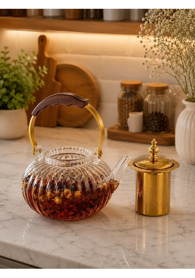 Morponi Ateşe Dayanıklı Borosilikat Cam Demlik - Ahşap Saplı Çizgili Bitki Çayı Demliği 1200 Ml Dr Şeffaf