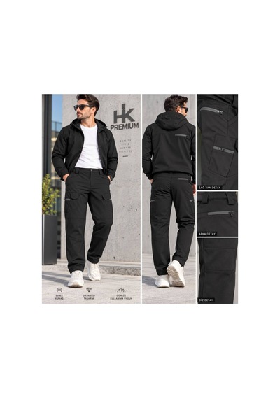 Hk Premium Erkek Haki Softshell Su Geçirmez Taktik Kargo Pantolon Moto Kurye & Outdoor Siyah