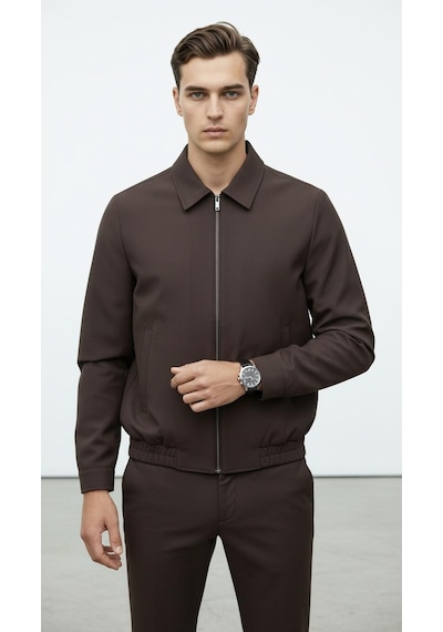 Plus Scorpion Erkek Slim Fit Bomber Fermuarlı Mont Ceket Esnek Kumaş Günlük Şık Casual Ceket Kahverengi