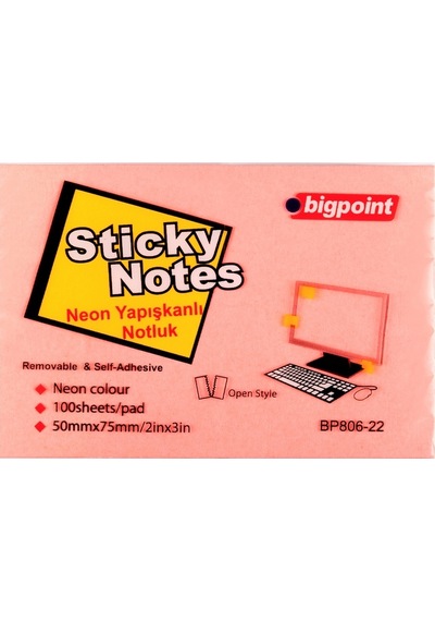 Bigpoint Yapışkanlı Not Kağıdı 75x50mm Neon Pembe 12'li Paket