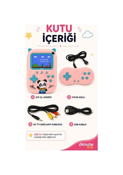 A11 Retro Oyun Konsolu 500 Oyunlu 3.5 İnç Ekran 2 Kişilik Tv Bağlantılı Pembe - 909994251