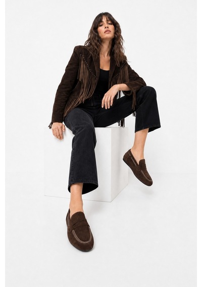 Luvi Shoes Francıs Kahverengi Süet Hakiki Deri Örgü Detaylı Kadın Loafer Ayakkabı