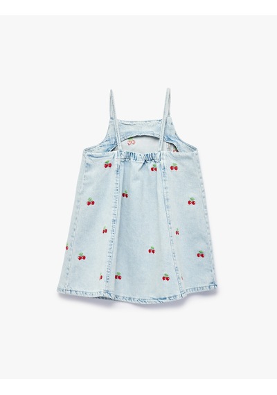 Koton Çilek Detaylı Kare Yaka Askılı Denim Elbise Lıght Indıgo 6smg80008ad Açık Mavi