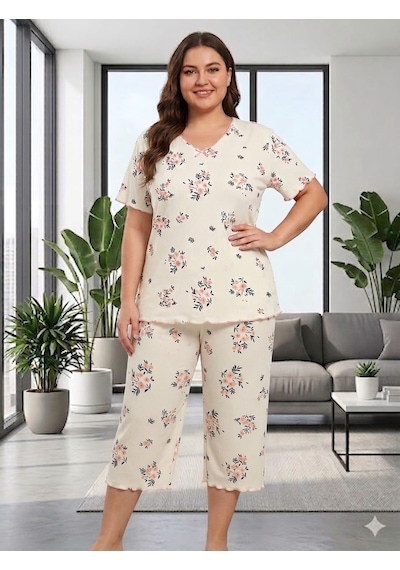 Büyük Beden Kısa Kol Pamuklu Ultrasoft Likralı Kapri Pijama Takımı 8652 Ekru