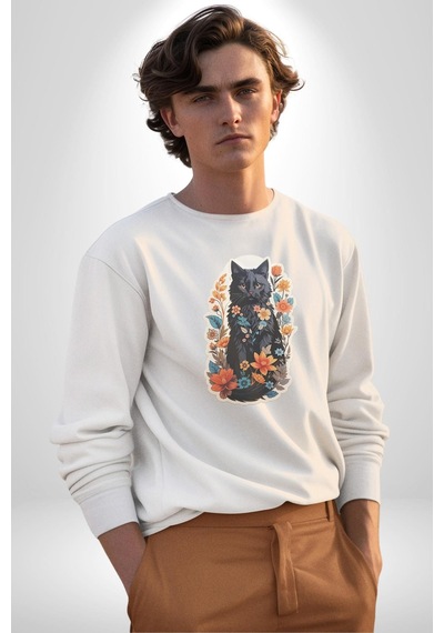 Çiçekli Siyah Kedi Etiket Unisex Beyaz Baskılı Sweatshirt Beyaz