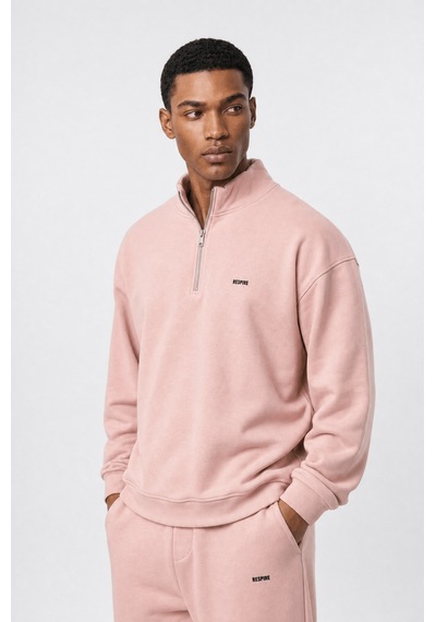 Erkek Respire Basic Half Zip Oversize Sweatshirt Pembe