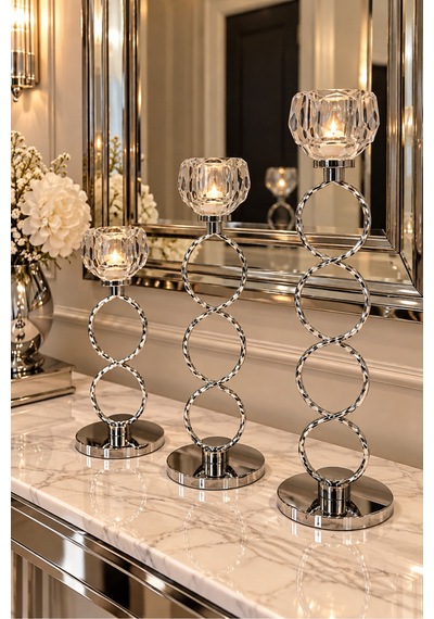 Modern 3 Lü Krom Dekoratif Şamdan Mumluk Seti 32 -26-22cm Gümüş Gümüş