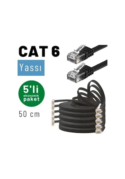 Irenıs 5 Adet 50 Cm Siyah Cat6 Kablo Yassı Ethernet Network Lan Ağ İnternet Kablosu