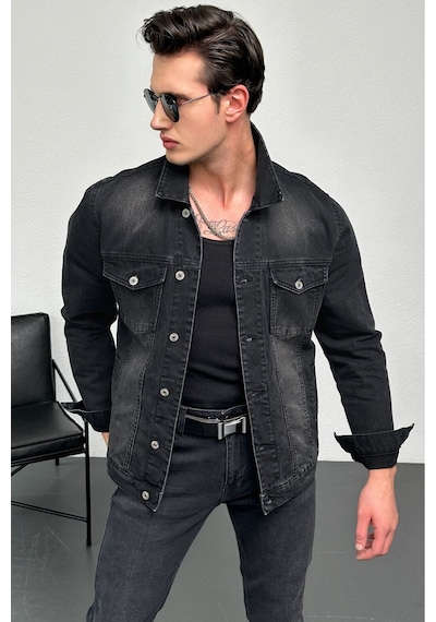 HLT Jeans Erkek Antrasit Jean Denim Standart Kalıp %100 Pamuk Cepli Düğmeli Kot Ceket 001