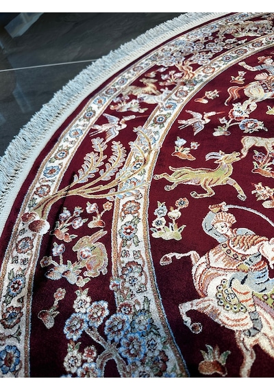 Orfe İpek Tuşeli Halı Salon Halısı, Oturma Odası Halısı, Antre Giriş Halısı Yuvarlak Bordo