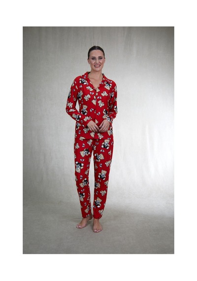 Estiva Kadın Ayıcık Desenli Önden Düğmeli Süet Pijama Takımı Kırmızı