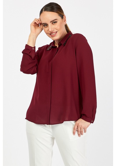 Pera Moda Büyük Beden Yaka Boncuklu Gömlek Bordo