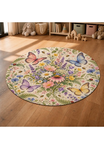 Kartela Halı Kelebek Bahçesi Yuvarlak Çocuk Oyun Halısı Kaymaz Dot Taban Yıkanabilir 120 Cm Çap