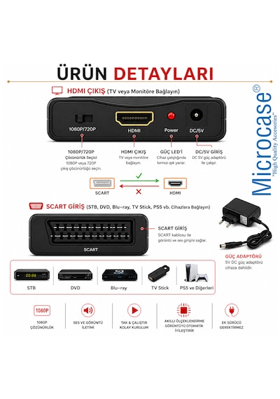 Microcase Scart To Hdmı Dönüştürücü 1080p Adaptör Güç Adaptörlü Hdmı Çevirici Al5746 Siyah