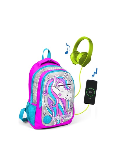 Coral High Kids Pembe Gümüş Unicornlu Üç Bölmeli Usb Şarjlı Kulaklık Çıkışlı Okul Çantası