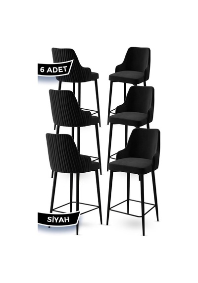 Canisa Enox Serisi 6 Adet Siyah Sandalye Mutfak Bar Sandalyesi Babyface Kumaş Siyah Metal Ayak Sandalyeler Siyah Ayaklar Siyah