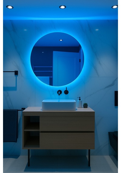 Digital Hayat Mavi Led Işıklı Yuvarlak Ayna Dekoratif Banyo Makyaj Aynası Mavi