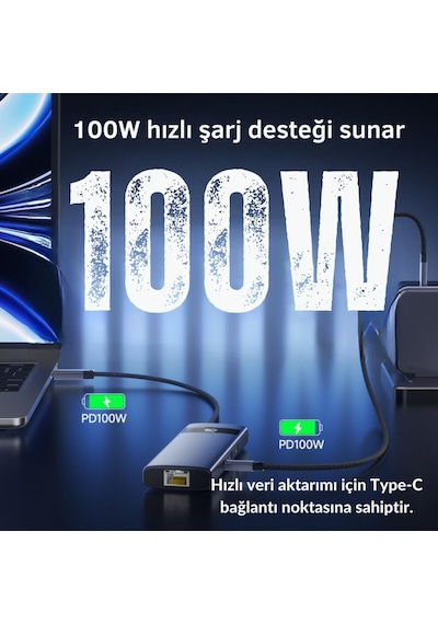 Polham 8in1 100w Type C Çoğaltıcı Hub, 2x Usb, 2x Pd Type C, 1x Tf/sd, 1x 4k Hdmi, 1x Rj45 Çoğaltıcı Adaptör