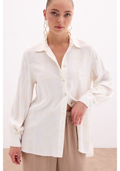 Sateen Nakış Detaylı Viskon Gömlek - Krem-136095 Krem