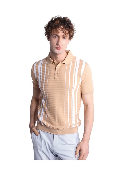 Bej Slim Fit Dar Kalıp Düğmeli Polo Yaka Desenli Kısa Kollu Triko Tişört-16314 Bej