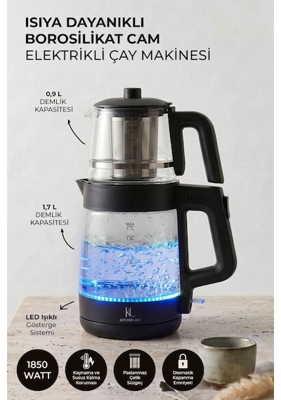 Demzade Isıya Dayanıklı Borosilikat Cam Elektrikli Çay Makinesi Alt 1,7 Lt Üst 0,9 Lt 1850-2200 W Kettle Çaycı Çay Seti