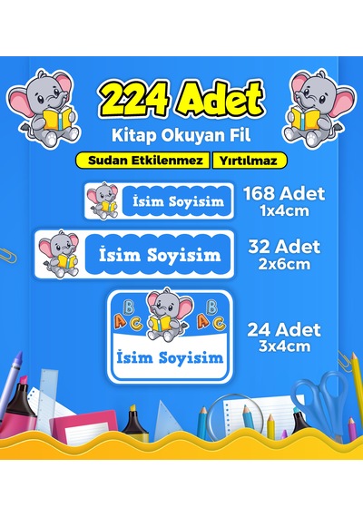 Sevimli Fil Temalı Okul Kreş Kişiye Özel İsim Etiket Seti - Model 175 Çok Renkli
