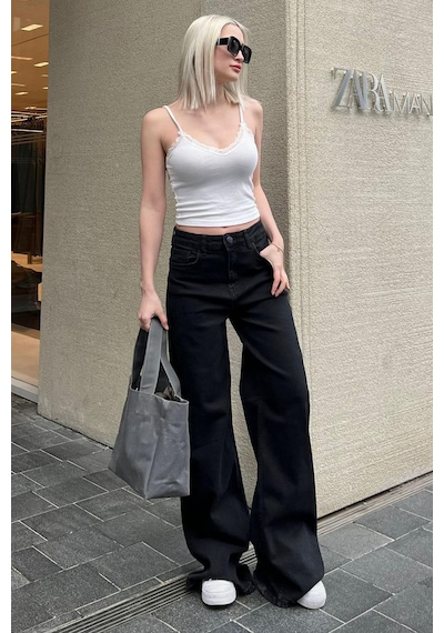 Madmext Siyah Straight Wide Kadın Jean Mg2000-siyah Siyah