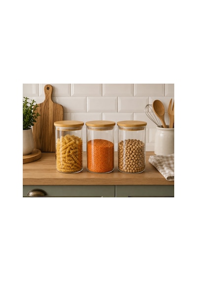 3lü Set Bambu Kapaklı Cam Saklama Kavanozu Hava Geçirmez Çok Amaçlı Mutfak Saklama Kabı 850ml Şeffaff