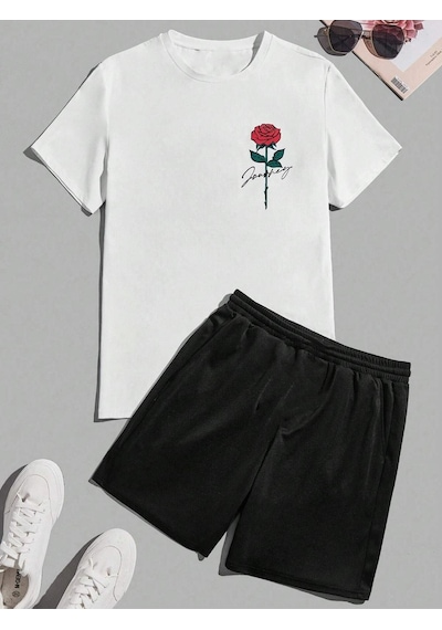 Gül Yazılı T-shirt Şort - Beyaz Siyah Alt Üst Takım Şort Tişört Kombin Baskılı Bisiklet Yaka Beyaz Gül Yazılı T-shirt Şort - Beyaz Siyah Alt Üst Takım Şort Tişört Kombin Baskılı Bisiklet Yaka Beyaz