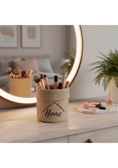 "home" Mini Jüt Saksı Kılıfı Çap 14cm, Yükseklik 15cm Krem Renk Katlanabilir Kumaş Bitki Sepeti Masaüstü Dekoratif Kalemlik, Makyaj Fırçalık, Küçük Eşya Düzenleyici