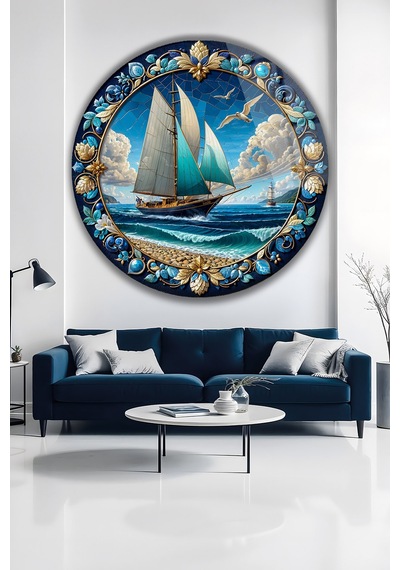 Mozaik Desenli Yelkenli Gemi Deniz Temalı Yuvarlak Temperli Cam Tablo Lüks Gold Detaylı Duvar Dekoru Deniz Temalı Dekoratif Duvar Tablosu, Salon, Ofis Ve Yazlık Dekoru, 80x80 Cm