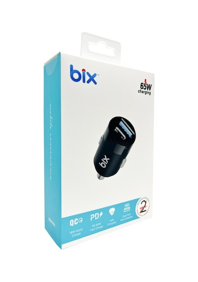 Bix Bx-ac65c 65w Pd Type-c Usb-a Çift Portlu Hızlı Şarj Özellikli Siyah Araç İçi Şarj Cihazı