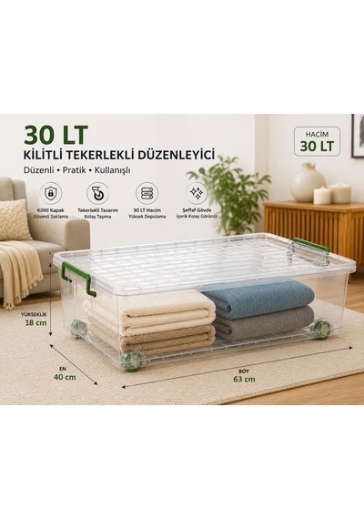3'lü Set 30 Lt Kilitli Tekerlekli Saklama Kutusu Şeffaf Yatak Altı Düzenleyici Kutu 63x40x18 Cm Diğer